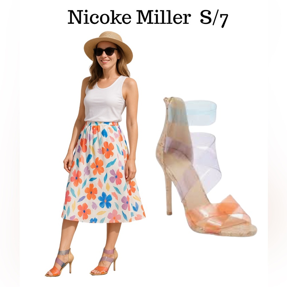 Nicole Miller Cork Multi-Color Clear Strap Heeled Sandals – Size 7